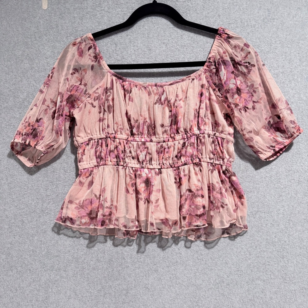 Romantic boho Pink Floral Mesh Peplum Top Smocked Waist Sweetheart Neck Small